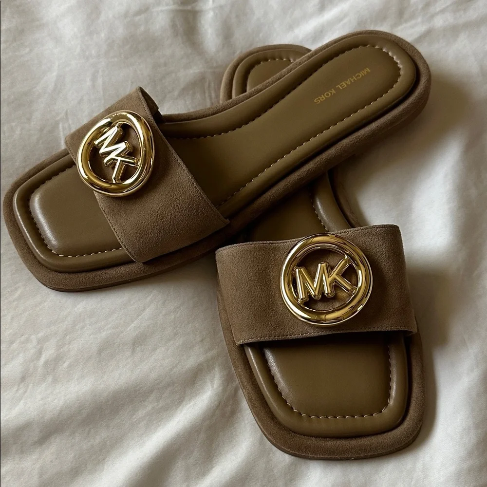Michael Kors Suede Slides with Gold Emblem